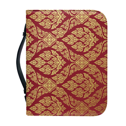 Gold And Red Thai Pattern Print Leather Bible Cover