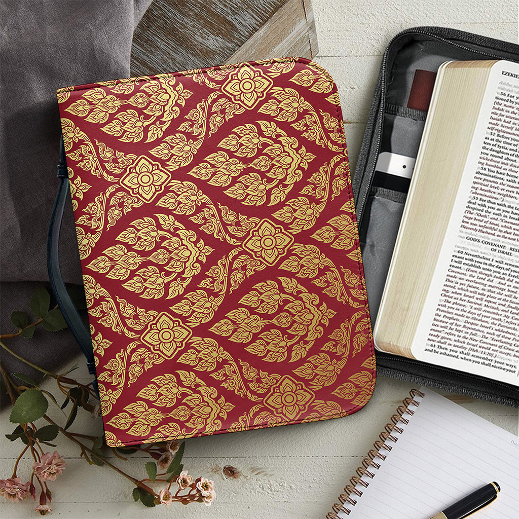 Gold And Red Thai Pattern Print Leather Bible Cover
