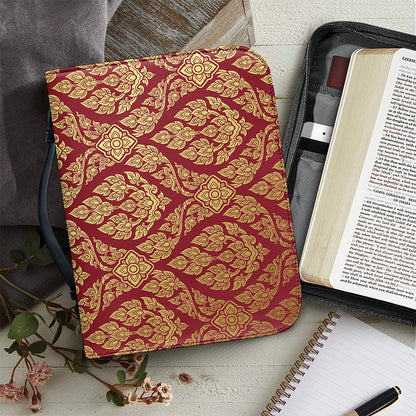Gold And Red Thai Pattern Print Leather Bible Cover