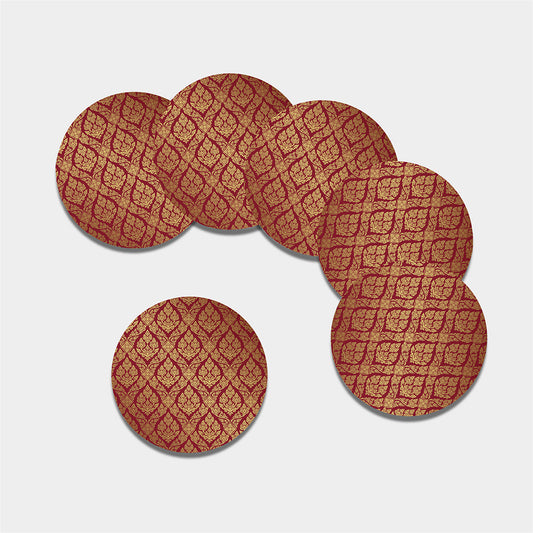 Gold And Red Thai Pattern Print Leather Coaster Set