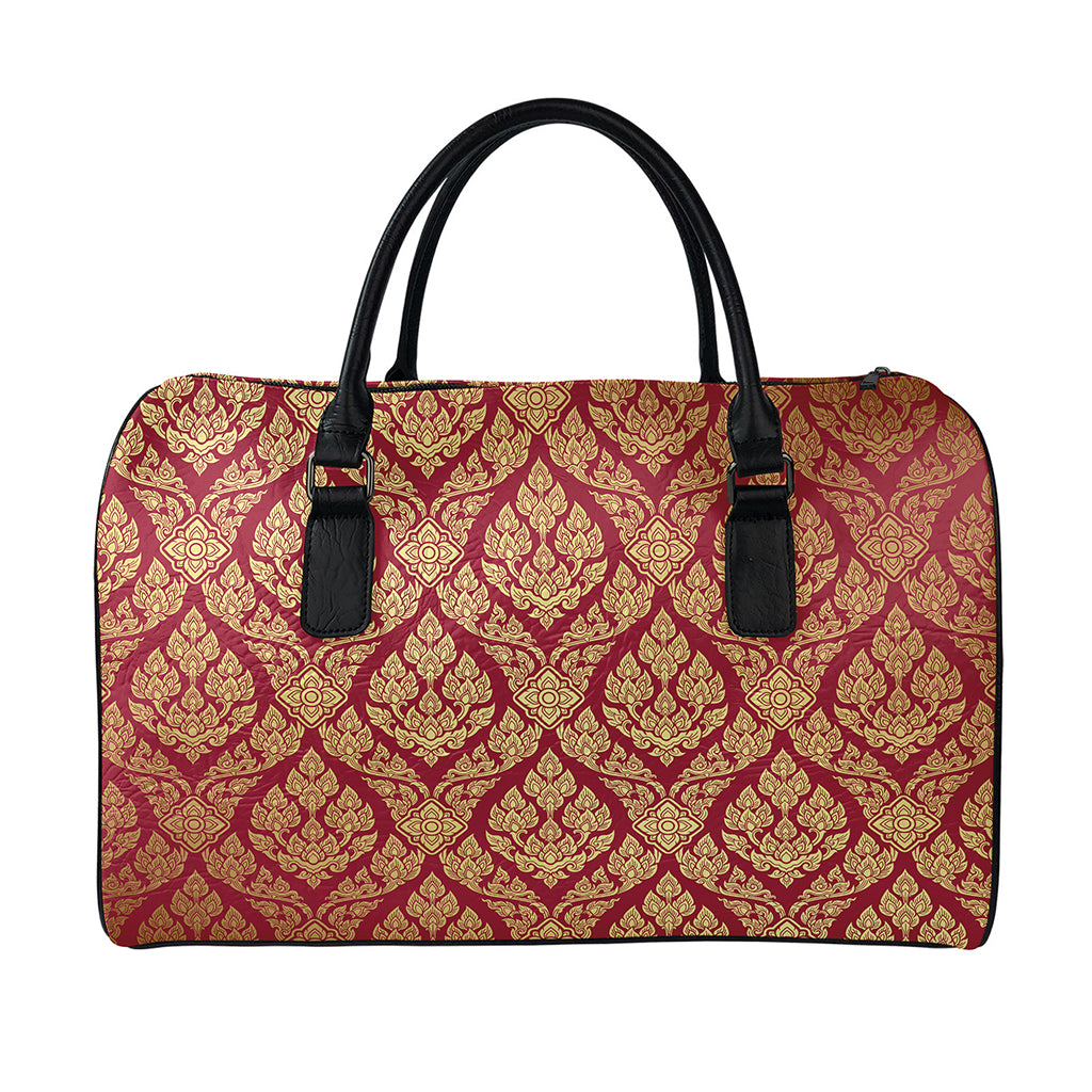 Gold And Red Thai Pattern Print Leather Duffle Bag