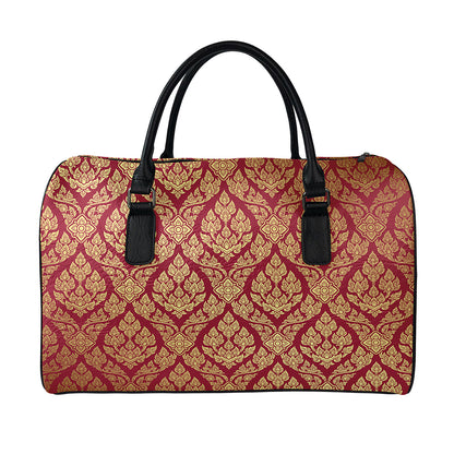 Gold And Red Thai Pattern Print Leather Duffle Bag