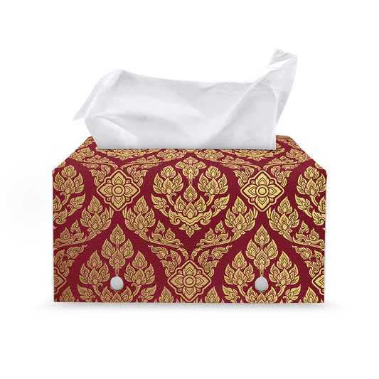Gold And Red Thai Pattern Print Leather Tissue Box Cover