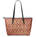 Gold And Red Thai Pattern Print Leather Tote Bag With Zipper
