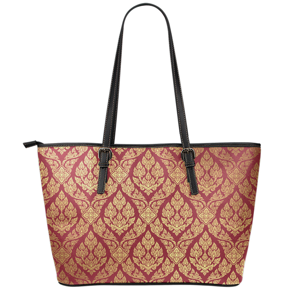 Gold And Red Thai Pattern Print Leather Tote Bag