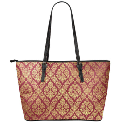 Gold And Red Thai Pattern Print Leather Tote Bag