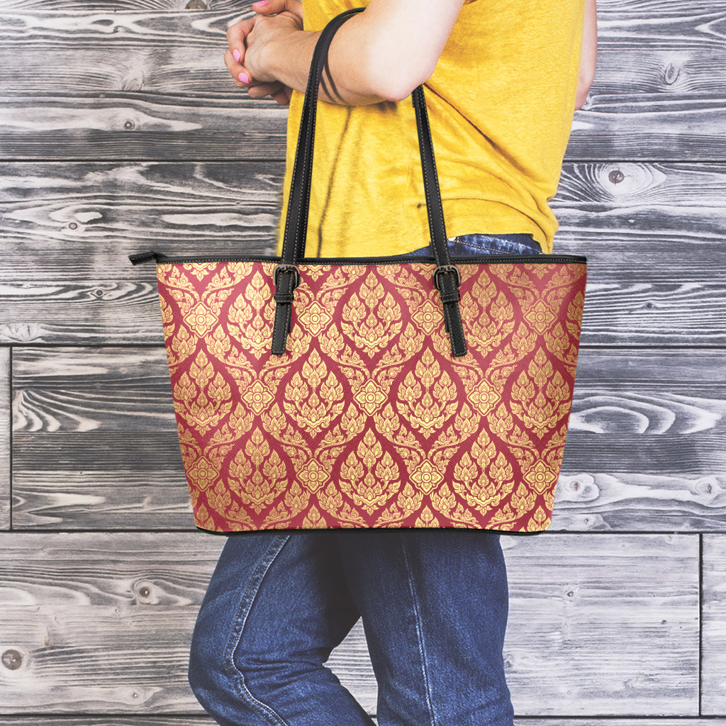 Gold And Red Thai Pattern Print Leather Tote Bag