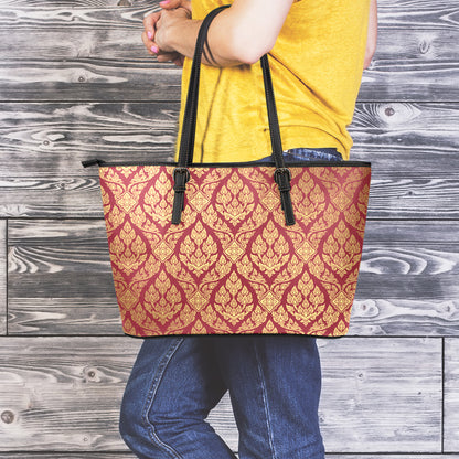 Gold And Red Thai Pattern Print Leather Tote Bag