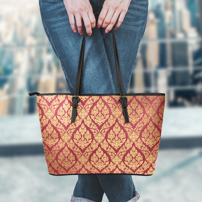Gold And Red Thai Pattern Print Leather Tote Bag