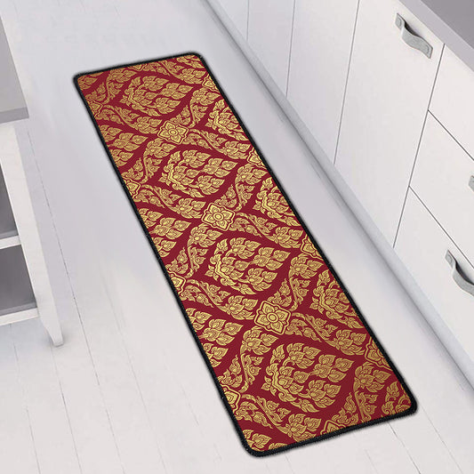 Gold And Red Thai Pattern Print Long Kitchen Mat