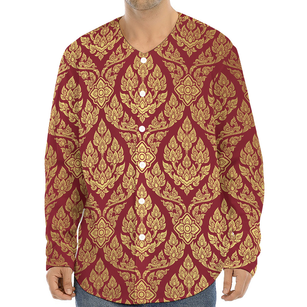 Gold And Red Thai Pattern Print Long Sleeve Baseball Jersey