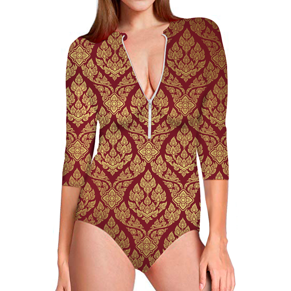 Gold And Red Thai Pattern Print Long Sleeve Swimsuit