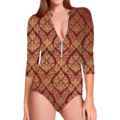 Gold And Red Thai Pattern Print Long Sleeve Swimsuit