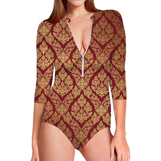 Gold And Red Thai Pattern Print Long Sleeve Swimsuit