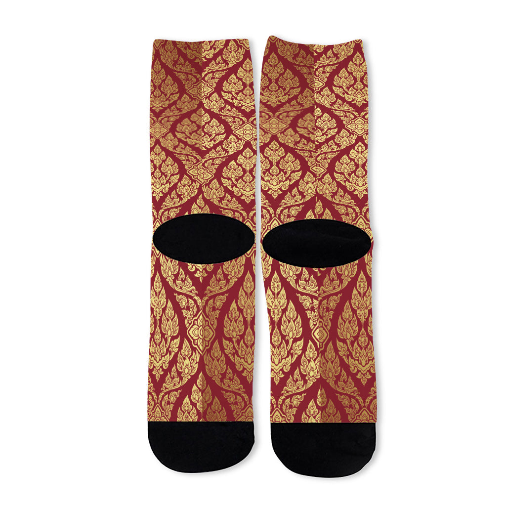 Gold And Red Thai Pattern Print Long Socks
