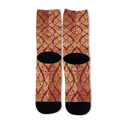 Gold And Red Thai Pattern Print Long Socks