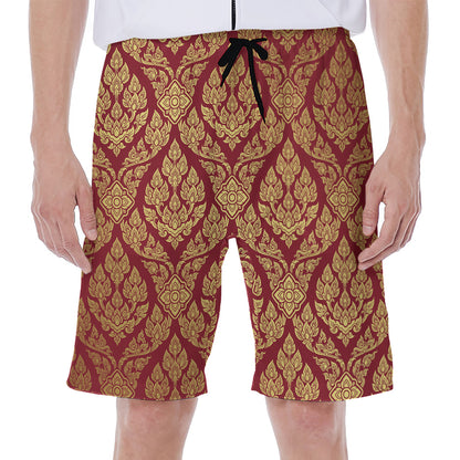 Gold And Red Thai Pattern Print Men's Beach Shorts