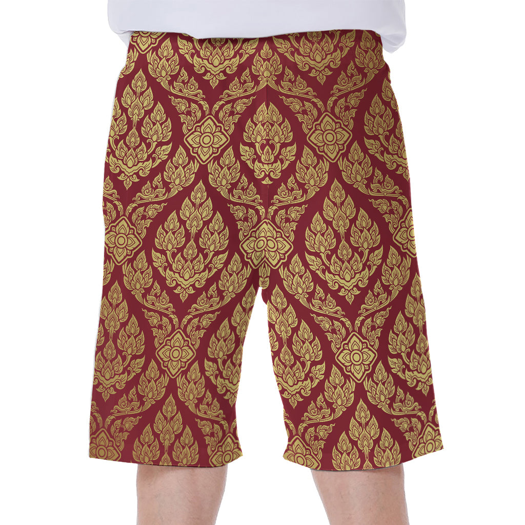 Gold And Red Thai Pattern Print Men's Beach Shorts
