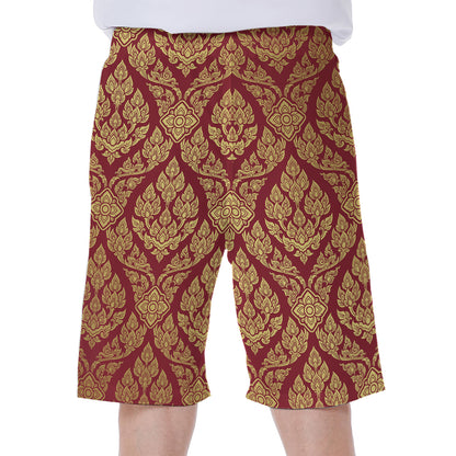 Gold And Red Thai Pattern Print Men's Beach Shorts