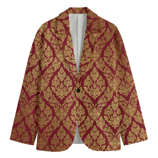 Gold And Red Thai Pattern Print Men's Blazer