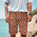 Gold And Red Thai Pattern Print Men's Cargo Shorts