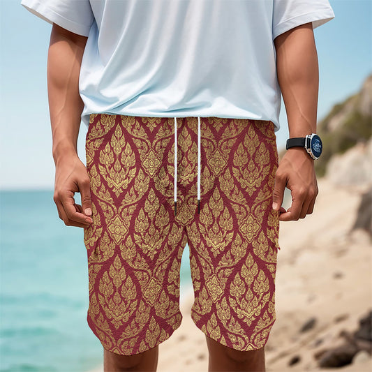 Gold And Red Thai Pattern Print Men's Cargo Shorts
