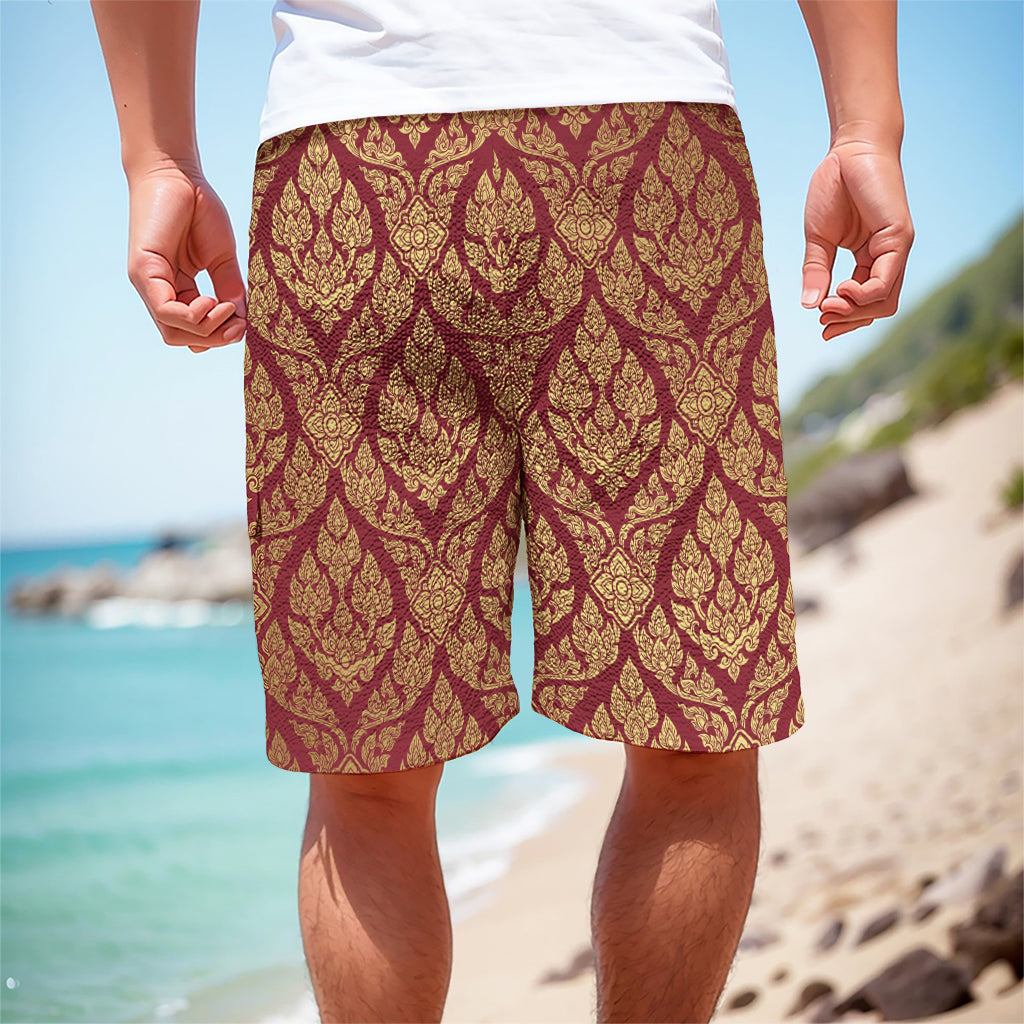 Gold And Red Thai Pattern Print Men's Cargo Shorts