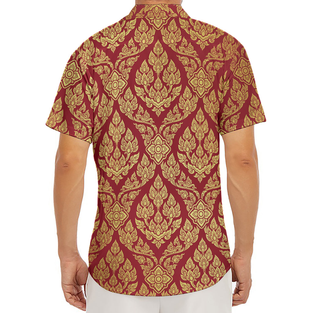 Gold And Red Thai Pattern Print Men's Deep V-Neck Shirt