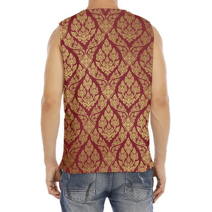 Gold And Red Thai Pattern Print Men's Fitness Tank Top