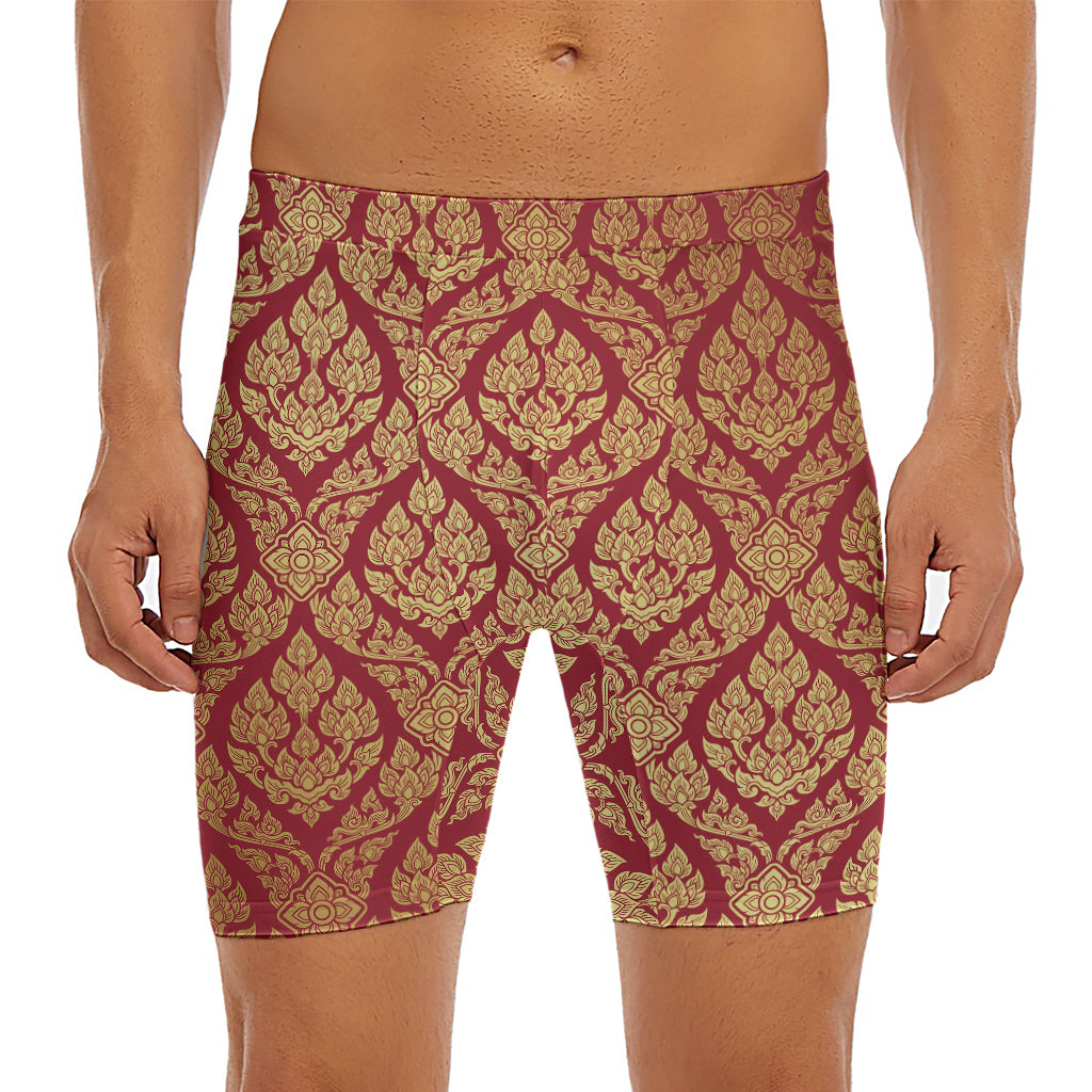 Gold And Red Thai Pattern Print Men's Long Boxer Briefs
