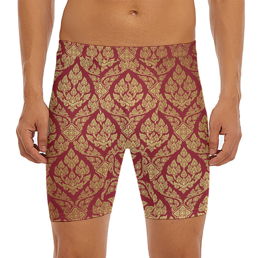 Gold And Red Thai Pattern Print Men's Long Boxer Briefs