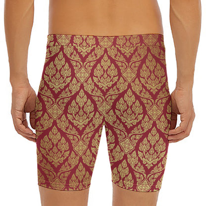 Gold And Red Thai Pattern Print Men's Long Boxer Briefs