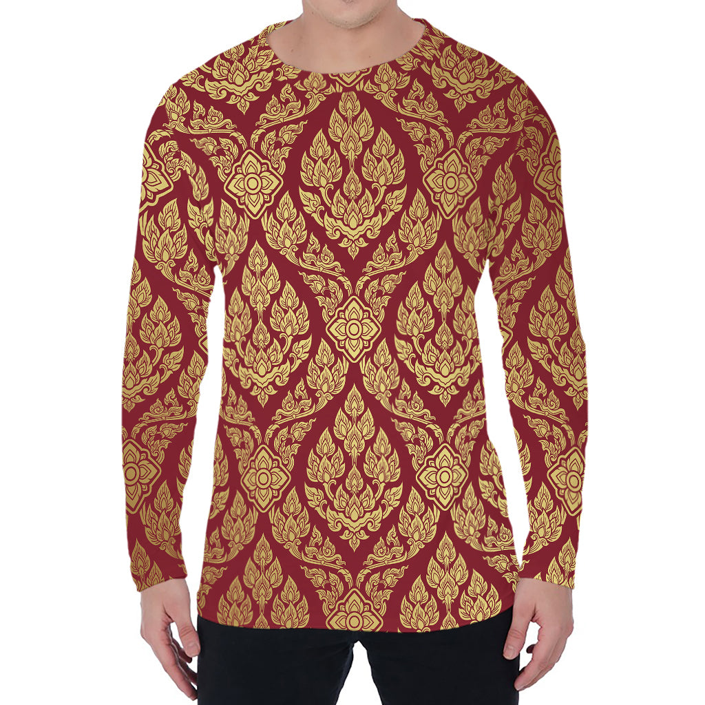 Gold And Red Thai Pattern Print Men's Long Sleeve T-Shirt