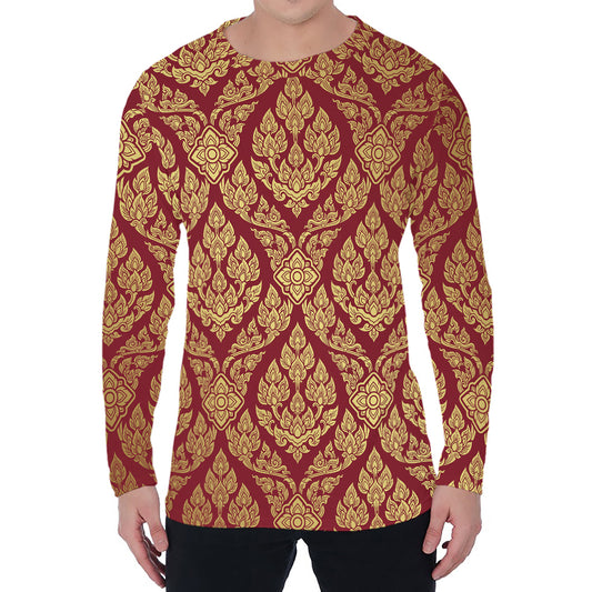 Gold And Red Thai Pattern Print Men's Long Sleeve T-Shirt