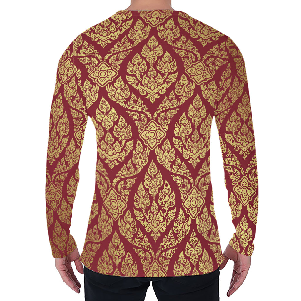 Gold And Red Thai Pattern Print Men's Long Sleeve T-Shirt
