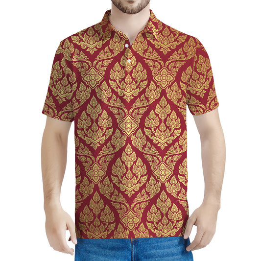 Gold And Red Thai Pattern Print Men's Polo Shirt