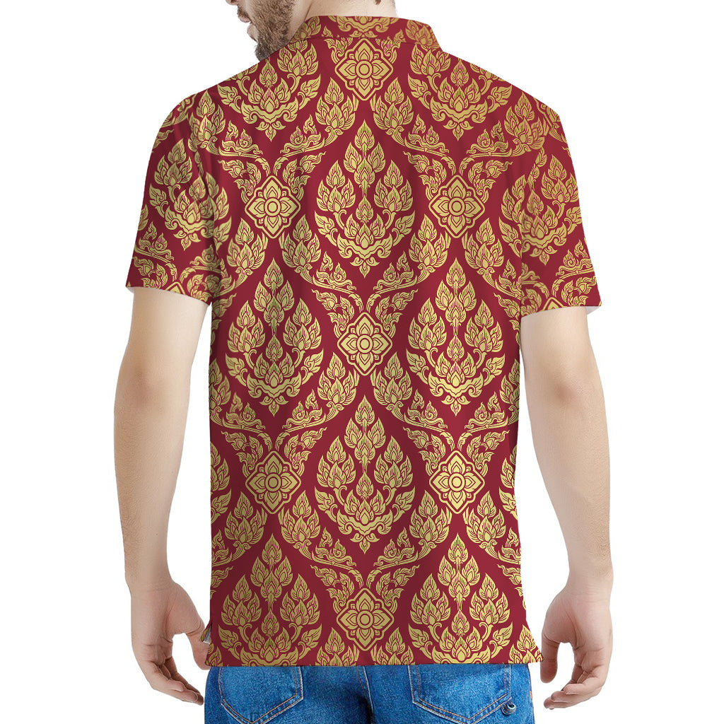 Gold And Red Thai Pattern Print Men's Polo Shirt