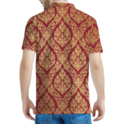 Gold And Red Thai Pattern Print Men's Polo Shirt