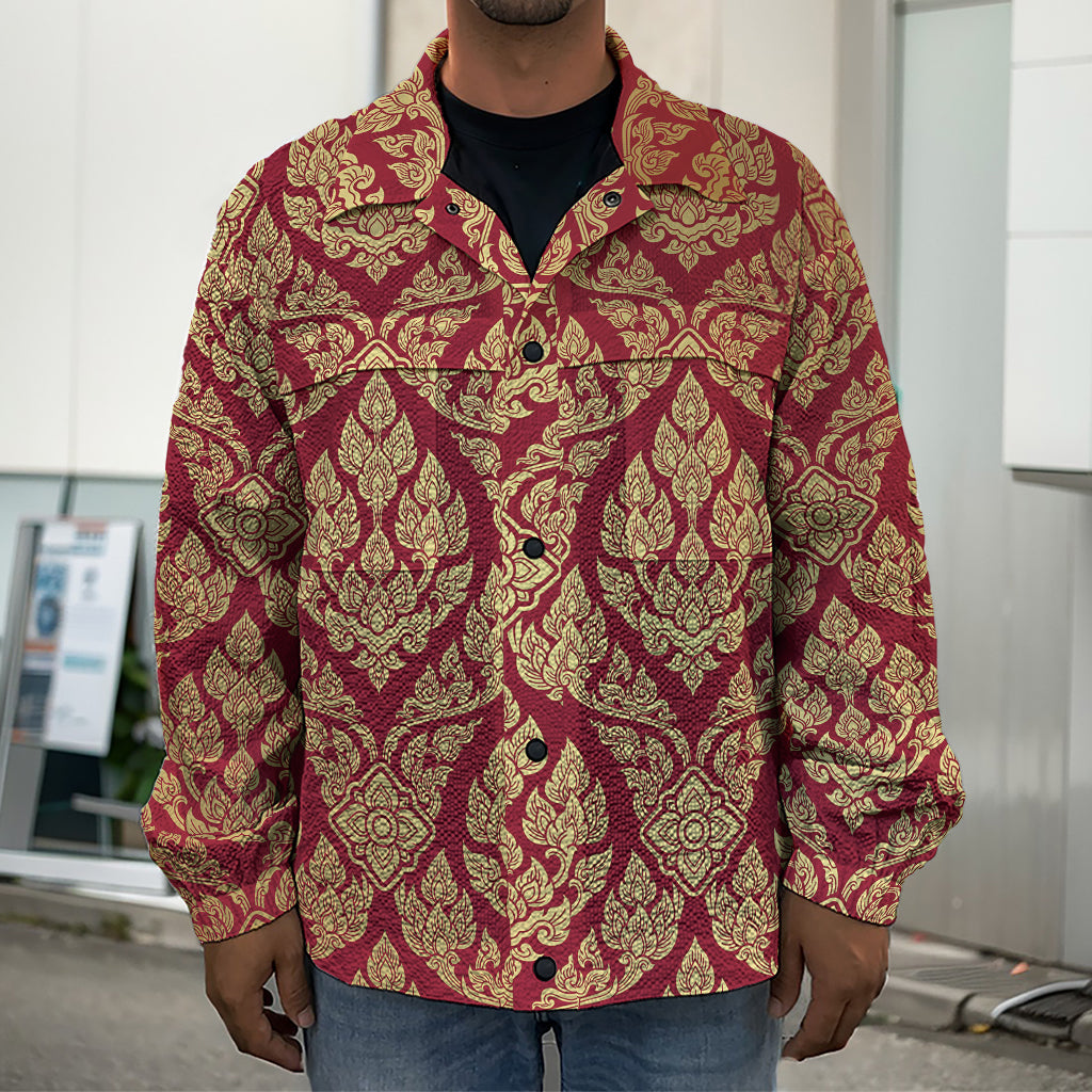 Gold And Red Thai Pattern Print Men's Shirt Jacket