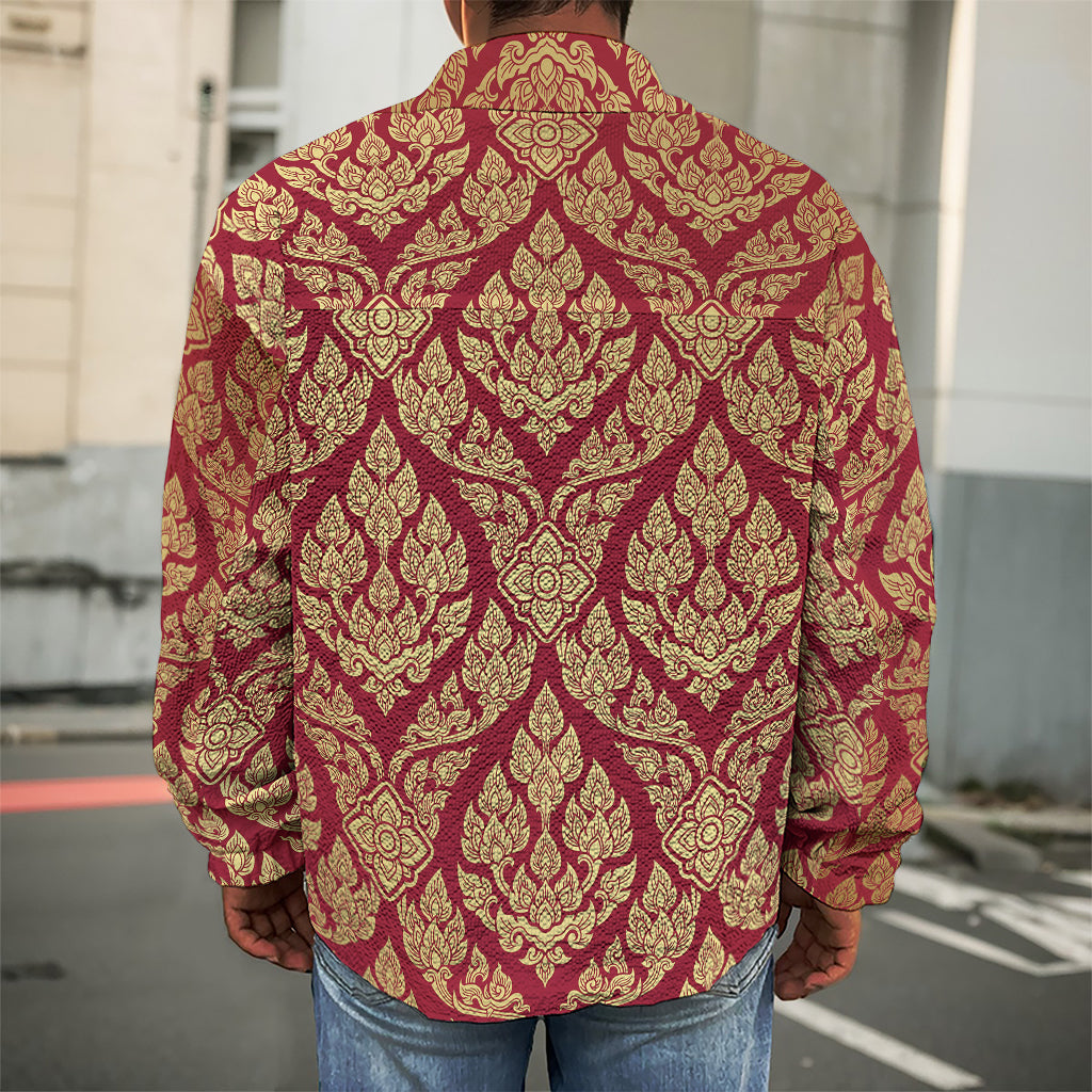 Gold And Red Thai Pattern Print Men's Shirt Jacket