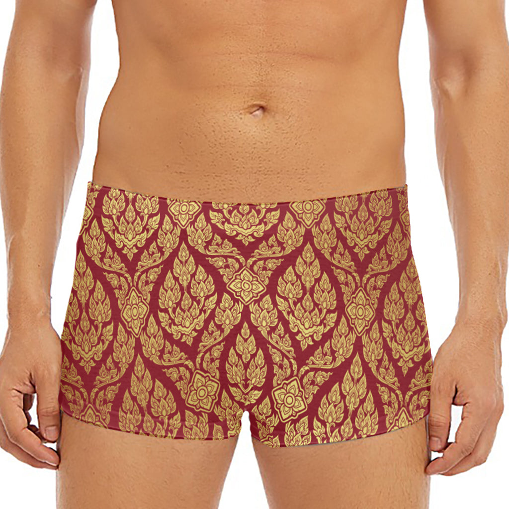 Gold And Red Thai Pattern Print Men's Short Boxer Briefs