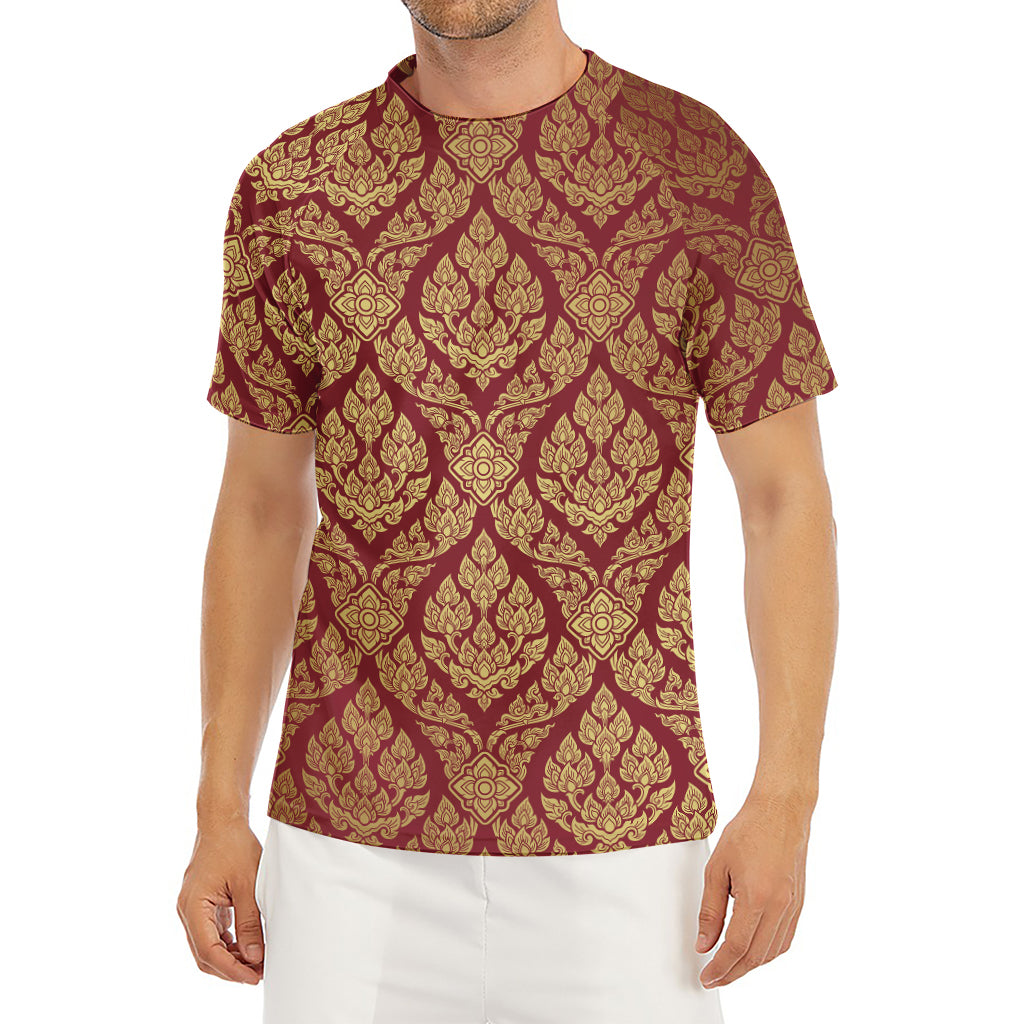 Gold And Red Thai Pattern Print Men's Short Sleeve Rash Guard