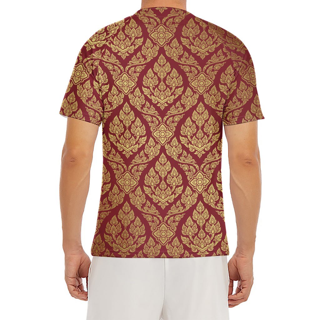 Gold And Red Thai Pattern Print Men's Short Sleeve Rash Guard