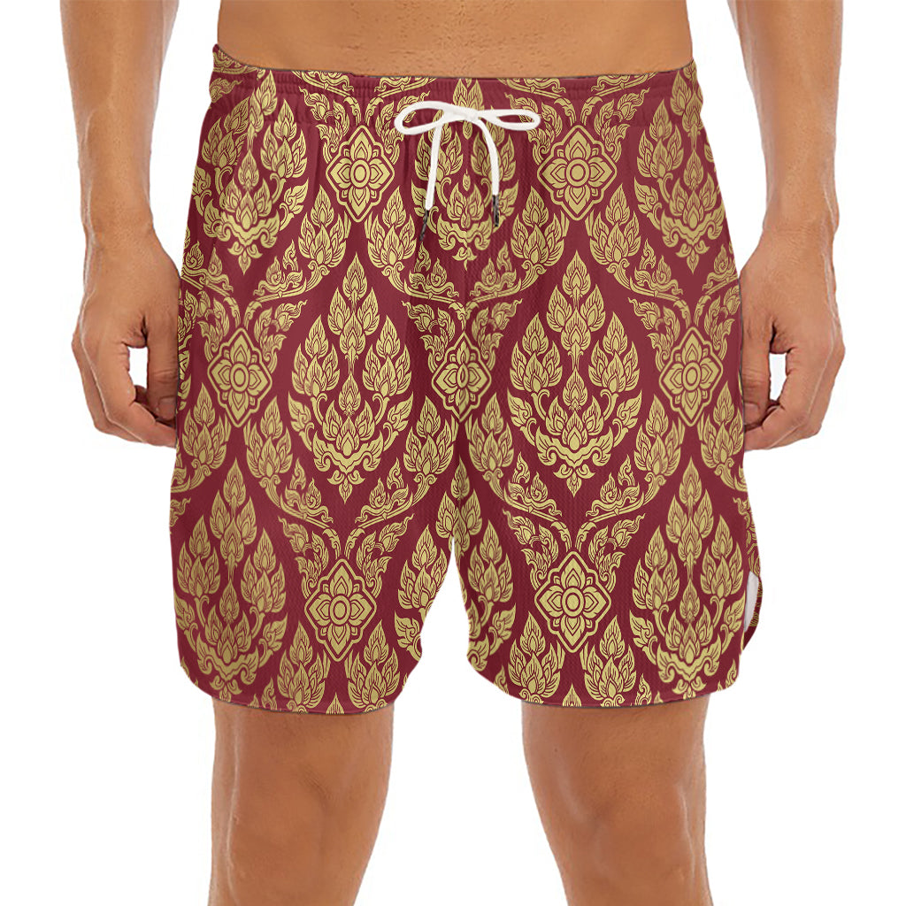 Gold And Red Thai Pattern Print Men's Split Running Shorts