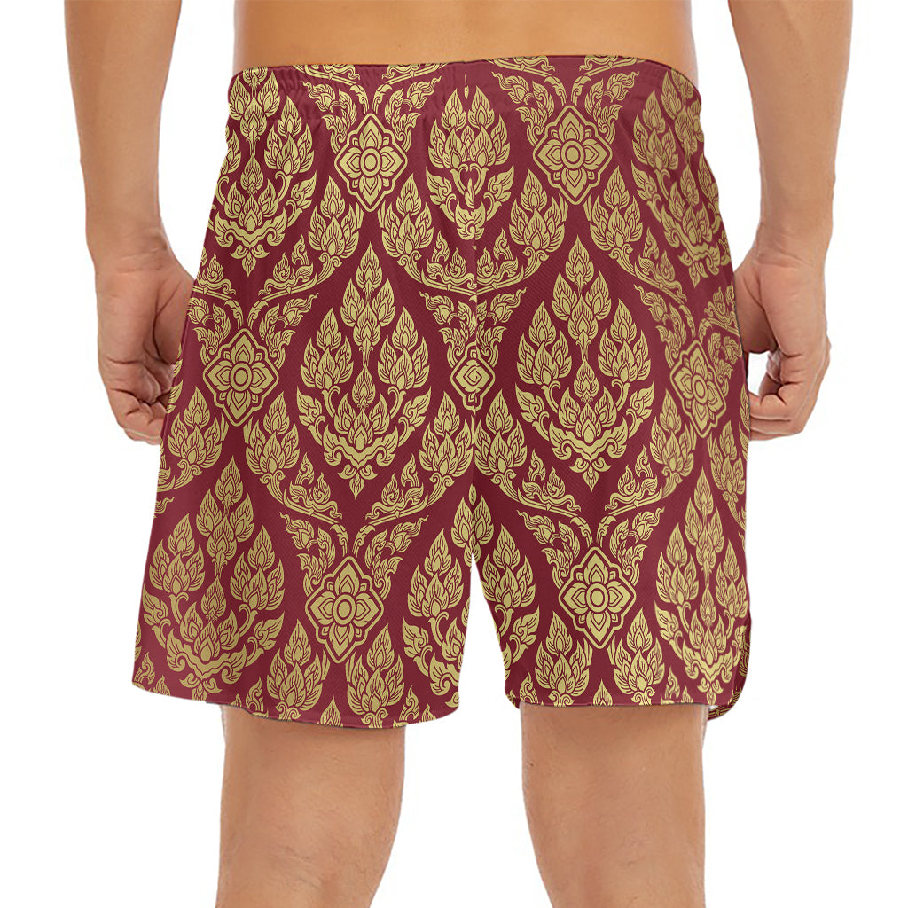 Gold And Red Thai Pattern Print Men's Split Running Shorts