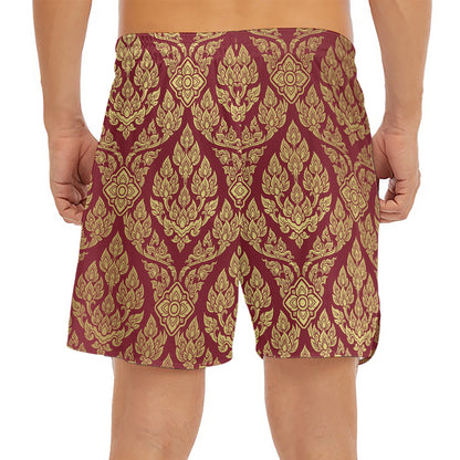Gold And Red Thai Pattern Print Men's Split Running Shorts