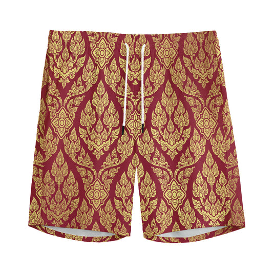 Gold And Red Thai Pattern Print Men's Sports Shorts