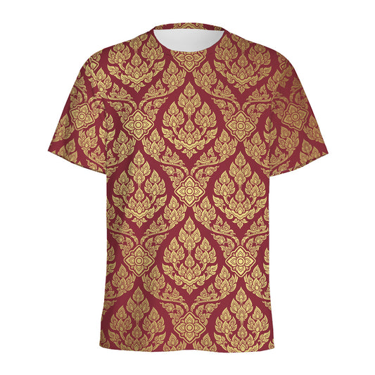 Gold And Red Thai Pattern Print Men's Sports T-Shirt