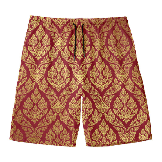 Gold And Red Thai Pattern Print Men's Swim Trunks