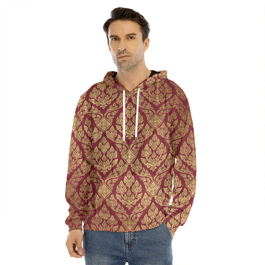 Gold And Red Thai Pattern Print Men's Velvet Pullover Hoodie